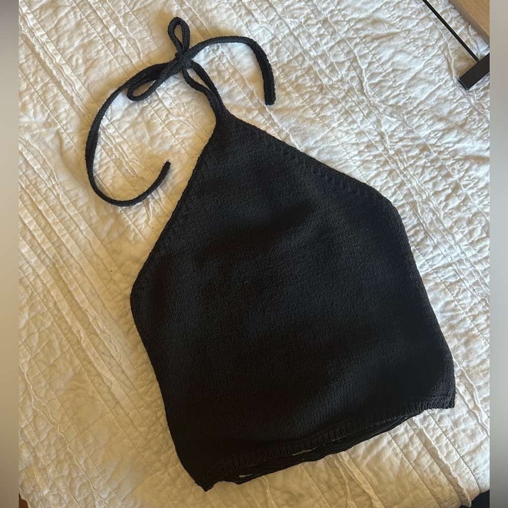 Zara Black Fringe Knit Halter Crop Top